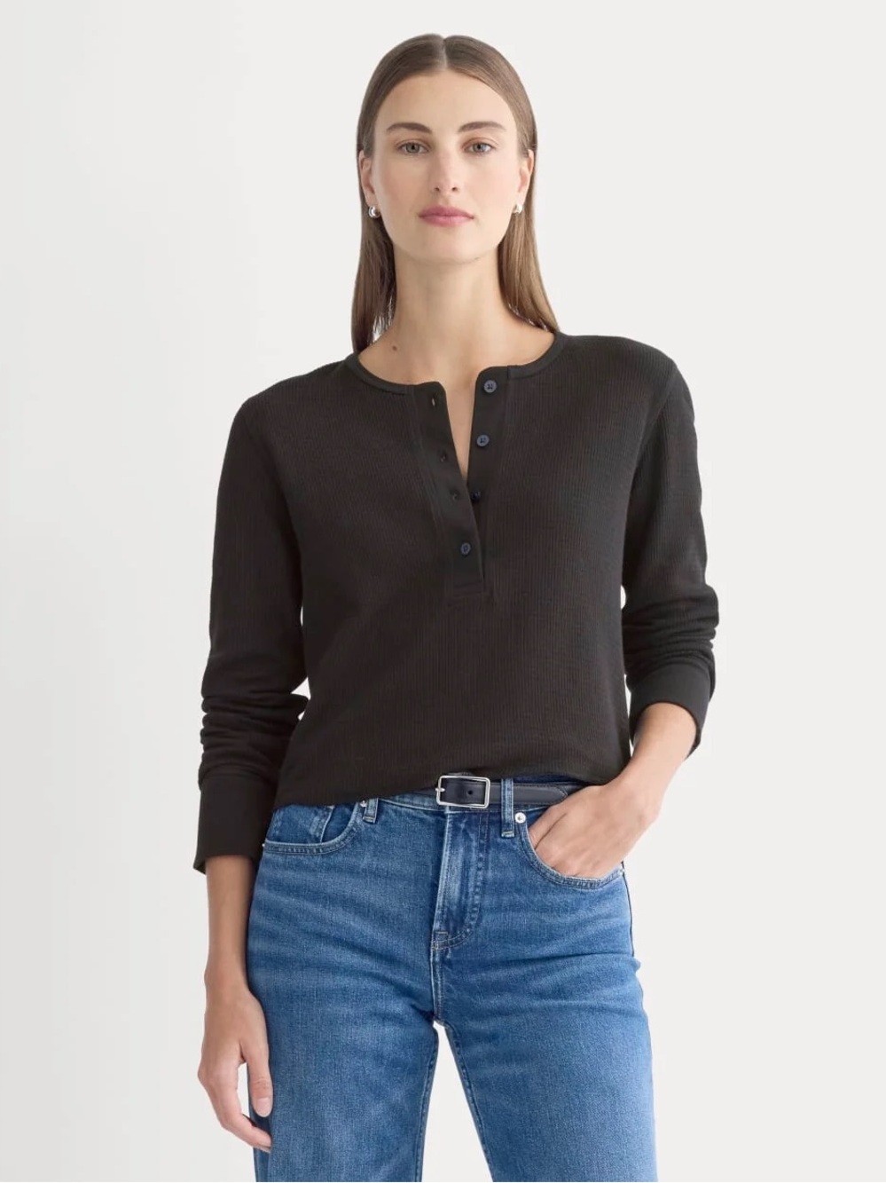 Everlane Boxy Henley in Cozy Waffle Black Long Sleeve Top XS NWOT